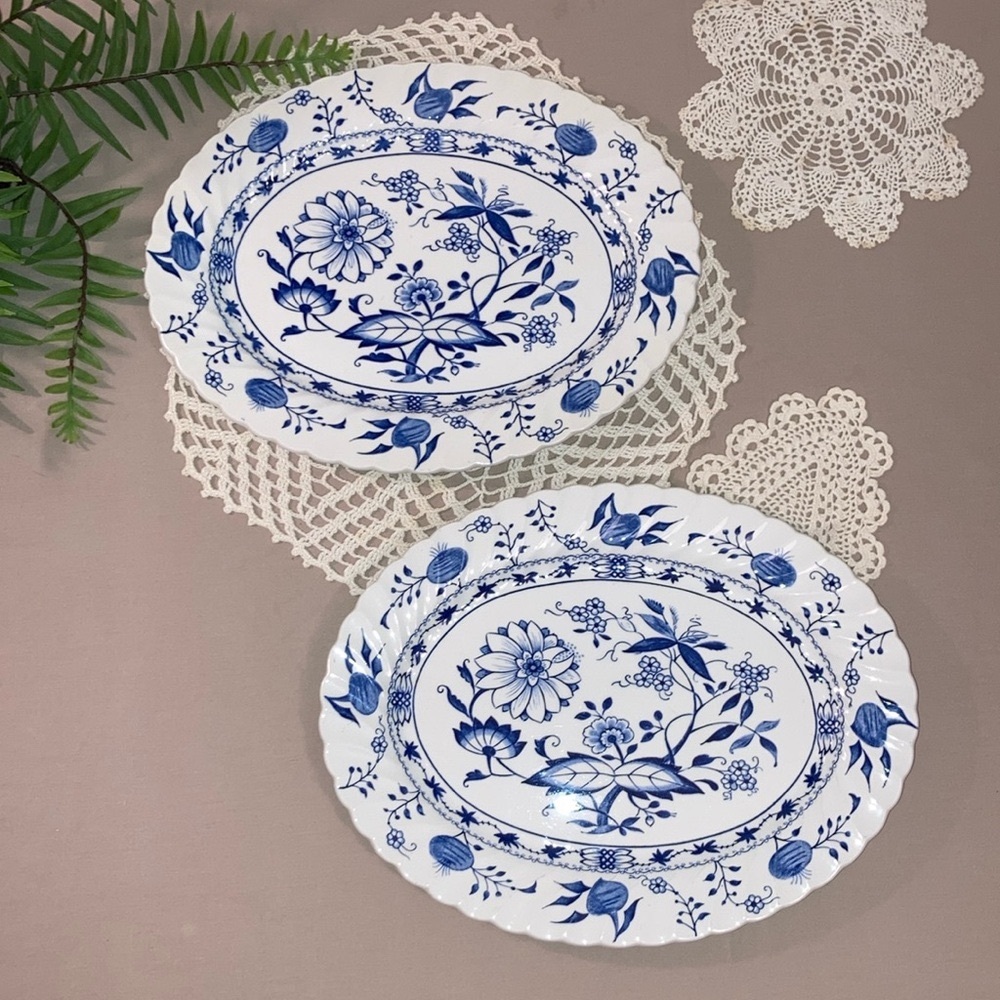 Vintage English Blue And White Oval Ironstone Blue Onion Platters